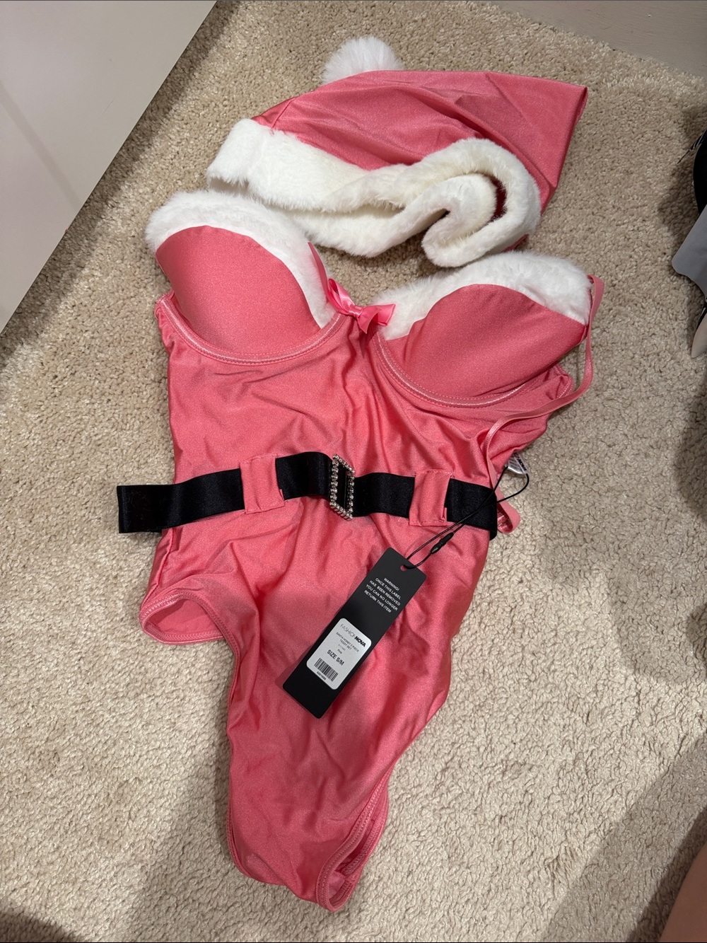 Fashion Nova Pink Faux-Fur Trim Holiday Chemise with Black Belt